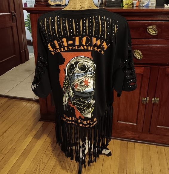 NWOT Handmade Chitown Harley-Davidson Black Cut-Out Short Sleeve Fringe Top - Picture 4 of 5